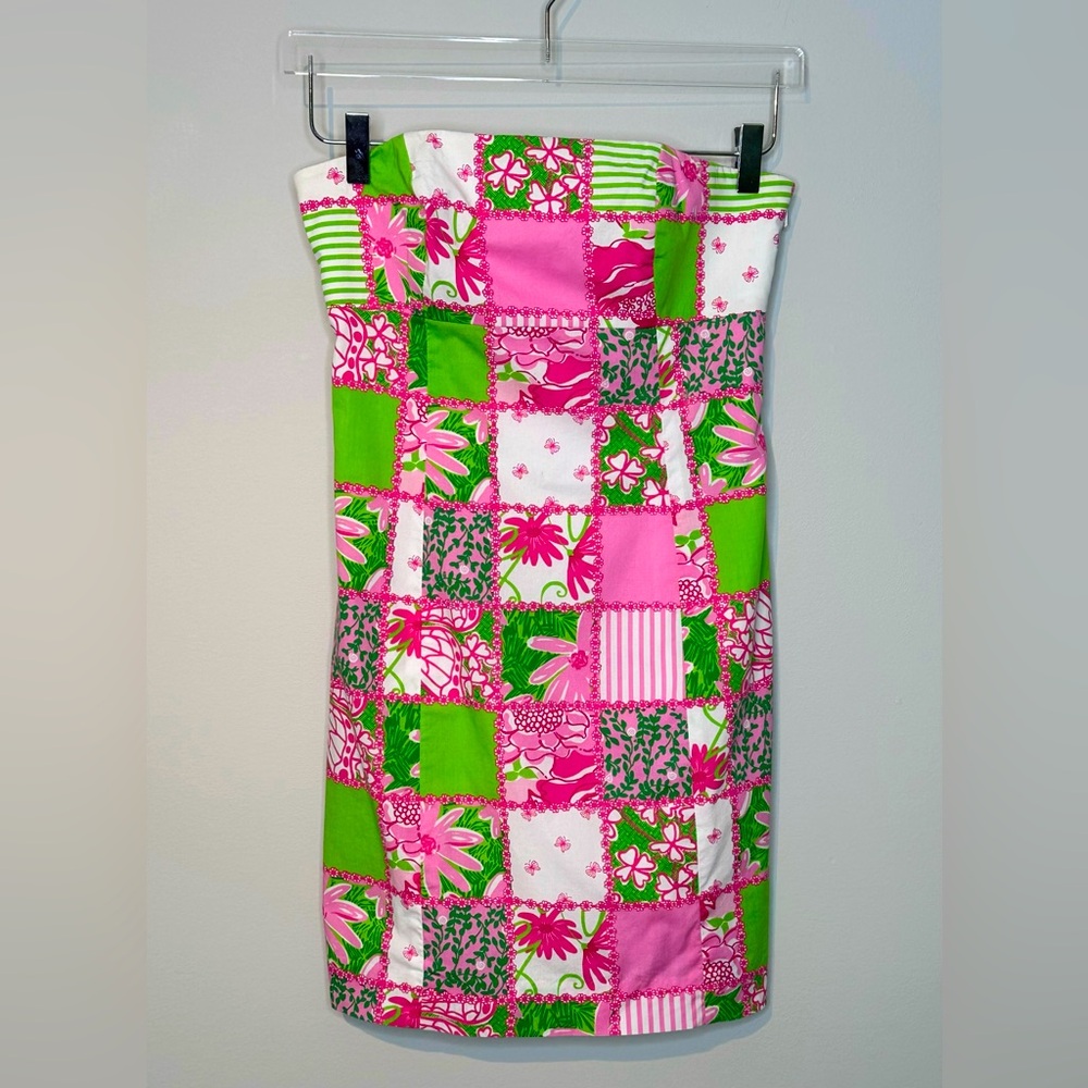 Lilly Pulitzer Strapless Patchwork Squares Pink G… - image 1